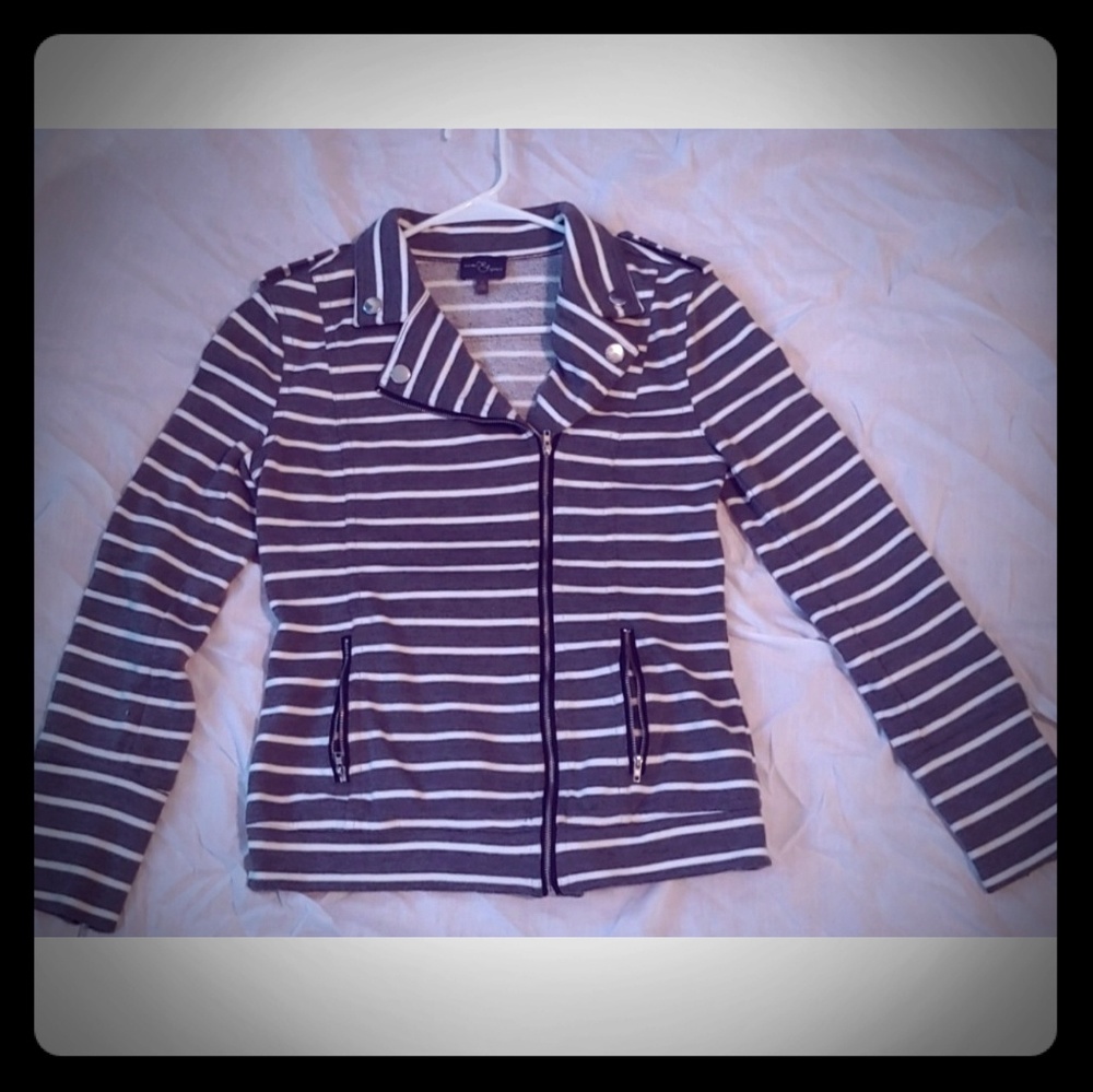 Grey and white striped zip up jacket